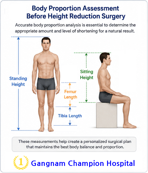 Body proportion assessment for height reduction surgery including standing height, sitting height, arm span, femur length and tibia length